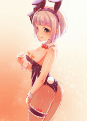 Rule 34 | 1girl, animal ears, ass, black hairband, black leotard, bow, bowtie, breasts, closed mouth, clothes pull, commentary request, condom, condom belt, condom thigh strap, detached collar, fake animal ears, gradient background, grey eyes, grey hair, hairband, highres, kaabon meshi, konpaku youmu, leotard, leotard pull, medium breasts, nipples, pantyhose, playboy bunny, rabbit ears, rabbit tail, red bow, red bowtie, short hair, smile, solo, tail, touhou, wrist cuffs