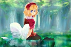 Rule 34 | 1girl, blonde hair, blouse, blue eyes, bow, dqn (dqnww), female focus, forest, frills, hair bow, large bow, looking back, medicine melancholy, nature, outdoors, plant, red shirt, shirt, short hair, solo, submerged, touhou, tree, wading, water
