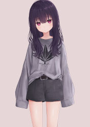 Rule 34 | 1girl, absurdres, akipeko, bare legs, belt, black hair, black shorts, blush, closed mouth, cowboy shot, expressionless, grey shirt, hair between eyes, hair over shoulder, head tilt, highres, long hair, long sleeves, looking at viewer, original, oversized clothes, print shirt, red eyes, shirt, shorts, sidelocks, simple background, sleeves past fingers, sleeves past wrists, solo
