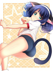 Rule 34 | 10s, 1girl, all fours, animal ears, aqua eyes, ass, blue hair, buruma, cat ears, cat tail, cyan (show by rock!!), drill hair, gym uniform, looking at viewer, looking back, paw pose, puffy short sleeves, puffy sleeves, shirt, short sleeves, show by rock!!, solo, star (symbol), sui. (ayase), tail