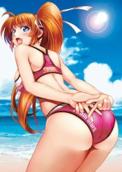 Rule 34 | 1girl, :d, ass, bare arms, bare shoulders, beach, bent over, bikini, blue eyes, blue sky, blush, breasts, cowboy shot, day, from side, itachou, large breasts, lens flare, long hair, looking at viewer, looking to the side, lyrical nanoha, mahou shoujo lyrical nanoha, open mouth, orange hair, outdoors, pink bikini, side ponytail, sky, smile, solo, sports bikini, sunlight, swimsuit, takamachi nanoha