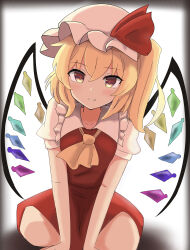 Rule 34 | 1girl, absurdres, arm support, bat wings, blonde hair, blurry, blurry background, blush, breasts, collar, collarbone, crystal, dress, eyelashes, fang, flandre scarlet, frilled collar, frills, hair between eyes, hat, hat ribbon, highres, kneeling, looking at viewer, medium hair, mob cap, multicolored wings, neckerchief, puffy short sleeves, puffy sleeves, red dress, red eyes, red ribbon, ribbon, shadow, short sleeves, side ponytail, sidelocks, small breasts, smile, solo, theon (te2eo), touhou, white background, white collar, white hat, wings, yellow neckerchief