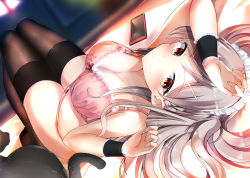 Rule 34 | 1girl, absurdres, black thighhighs, blurry, blurry background, blush, bra, breasts, brown eyes, cat, cellphone, cleavage, closed mouth, grey hair, hair ornament, hairclip, hands up, highres, hiragi ringo, long hair, looking at viewer, lying, maid, maid headdress, medium breasts, on back, on bed, one side up, original, parted bangs, phone, pink bra, sidelocks, smartphone, smile, solo, thighhighs, thighs, underwear, wrist cuffs