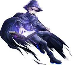 Rule 34 | 1boy, belt, black footwear, blue belt, blue cape, blue jacket, blue shorts, book, boots, cape, commentary request, floating, floating object, full body, grimoire, hat, jacket, komatsuzaki rui, long sleeves, looking at viewer, male focus, master detective archives: rain code, official art, open book, open mouth, purple eyes, purple hair, second-party source, short hair, shorts, simple background, solo, standing, standing on one leg, symbol-shaped pupils, torn cape, torn clothes, white background, yuma kokohead