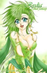 Rule 34 | 1990s (style), bare shoulders, breasts, cape, cleavage, detached sleeves, dress, earrings, final fantasy, final fantasy iv, green eyes, green hair, hair ornament, jewelry, lipstick, makeup, rydia (ff4), smile