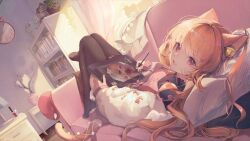 Rule 34 | 1girl, absurdres, animal ears, bedroom, black thighhighs, blonde hair, book, bookshelf, brown eyes, cat ears, cat girl, cat tail, clock, commentary, couch, curtains, desk, drawing, drawing tablet, ear bell, fang, highres, holding, holding drawing tablet, holding stylus, indoors, kagefumi, knees up, long hair, long sleeves, looking at viewer, lying, nail polish, no shoes, on back, on couch, open mouth, original, pillow, plant, potted plant, smile, solo, sparkle, stylus, symbol-only commentary, tail, thighhighs, vase, window
