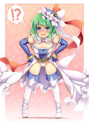 Rule 34 | !?, 1girl, alternate costume, belt, boots, bracelet, breasts, cameltoe, capelet, cleavage, dress, elbow gloves, female focus, gloves, green hair, hat, highres, ichirino minagi, jewelry, magical girl, open mouth, panties, platform footwear, ribbon, shiki eiki, shoes, short hair, showgirl skirt, solo, thighhighs, touhou, underwear, white panties, white thighhighs