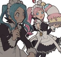 Rule 34 | 2girls, absurdres, apron, black dress, blue eyes, blue hair, blunt bangs, cake, dress, dropping, felicia (fire emblem), fire emblem, fire emblem fates, flora (fire emblem), food, fruit, grey eyes, highres, juliet sleeves, kurimori, long hair, long sleeves, looking at another, looking back, maid, maid apron, maid headdress, multiple girls, nintendo, parted bangs, pink hair, ponytail, puffy sleeves, siblings, sisters, strawberry, sweatdrop, twins, twintails, white apron, white background