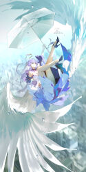 Rule 34 | 1girl, absurdres, arm up, bare legs, blurry, blurry background, breasts, cityscape, closed mouth, dated, detached collar, detached sleeves, dress, feathered wings, full body, gloves, green eyes, halo, head wings, high heels, highres, holding, holding umbrella, honkai: star rail, honkai (series), large breasts, midair, purple hair, ribao, robin (honkai: star rail), signature, solo, strapless, strapless dress, umbrella, white dress, white gloves, white wings, wings