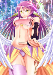 Rule 34 | 1girl, angel wings, breasts, bridal gauntlets, commentary request, spiked halo, crop top, cross, feathered wings, gloves, gradient hair, grin, halo, jibril (no game no life), large breasts, long hair, low wings, magic circle, midriff, mizunashi hayate, multicolored hair, navel, no game no life, pink hair, sideboob, smile, solo, symbol-shaped pupils, tattoo, very long hair, white wings, wing ears, wings, yellow eyes