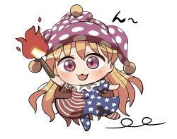 1girl american_flag_dress american_flag_legwear arm_up blonde_hair blush clownpiece commentary_request full_body hat holding holding_torch jester_cap long_hair neck_ruff no_shoes partial_commentary pink_eyes polka_dot_headwear rokugou_daisuke signature simple_background solo tongue tongue_out torch touhou very_long_hair white_background