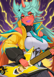 Rule 34 | 1girl, black skirt, breasts, colored skin, colored tongue, electric guitar, electricity, fingernails, green hair, guitar, hair ornament, heart, heart hair ornament, highres, holding, holding instrument, horns, instrument, jacket, kurarika, large breasts, logo, looking at viewer, multicolored hair, nail polish, necktie, omega strikers, open mouth, orange eyes, orange hair, plectrum, purple tongue, red skin, single horn, skirt, solo, two-tone hair, vyce (omega strikers)