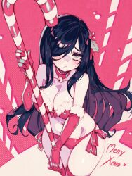Rule 34 | 1girl, aria wintermint, black hair, blush, breasts, candy, candy cane, cleavage, collar, elbow gloves, food, gloves, hair over one eye, highres, large breasts, merry christmas, original, panties, parororo, red gloves, red panties, solo, sweat, underwear