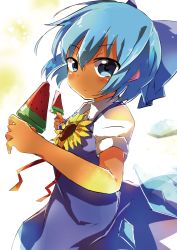 Rule 34 | 1girl, blue dress, blue eyes, blue hair, bow, cirno, dress, flower, food, fruit, hair bow, highres, ice, ice wings, looking at viewer, short hair, short sleeves, sketch, solo, sunflower, tosura-ayato, touhou, watermelon, wings