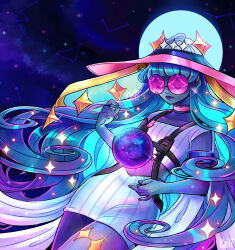 Rule 34 | 1girl, absurdres, armlet, artist name, blue hair, blue skin, capricorn (constellation), cassiopeia (constellation), choker, colored skin, commentary, commission, constellation, dislyte, dress, earrings, english commentary, facing viewer, gradient hair, harness, hat, hat ribbon, highres, jewelry, long hair, multicolored hair, orb, pianta celi, pink-tinted eyewear, pink choker, pink nails, purple lips, ribbon, short sleeves, sky, space, star (sky), starry sky, sunglasses, tinted eyewear, tiye (dislyte), watermark, white dress