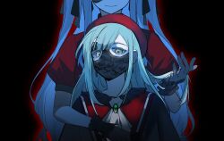 Rule 34 | 2girls, ascot, baiyubyy, bang dream!, bang dream! it&#039;s mygo!!!!!, black background, black gloves, black ribbon, blue hair, closed mouth, commentary, gloves, green brooch, green hair, hair ribbon, hashtag-only commentary, highres, holding another&#039;s hair, long hair, looking at viewer, mask, masquerade mask, multiple girls, puffy short sleeves, puffy sleeves, red shirt, ribbon, shirt, short sleeves, sidelocks, togawa sakiko, two side up, wakaba mutsumi, white ascot, yellow eyes