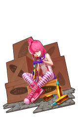 Rule 34 | 1girl, bullet, character name, crate, crusaders quest, earrings, highres, jewelry, mandy (crusaders quest), mask, pink hair, shorts, skull, solo, striped clothes, striped legwear, striped thighhighs, suspenders, sweater vest, thighhighs, topknot, unworn mask