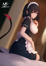 Rule 34 | 1girl, absurdres, alternate costume, apron, artist name, black-haired demon girl (shimmer), black dress, black hair, black nails, blurry, blurry background, breasts, demon tail, depth of field, dress, enmaided, frilled apron, frills, hand up, highres, looking at viewer, maid, medium breasts, nail polish, on bed, original, parted lips, puffy short sleeves, puffy sleeves, red eyes, shimmer, shirt, short sleeves, signature, sitting, solo, tail, waist apron, white apron, white shirt
