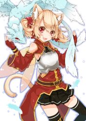 Rule 34 | 10s, 1girl, animal ears, armor, bad id, bad pixiv id, black thighhighs, blonde hair, cat ears, cat tail, dragon, fingerless gloves, gloves, looking at viewer, multiple tails, open mouth, pina (sao), red eyes, short hair, short twintails, silica, silica (sao-alo), skirt, smile, sword art online, tail, takuan (takuan0907), thighhighs, twintails, two tails