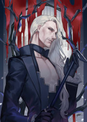 Rule 34 | 1boy, alternate hairstyle, beard, black gloves, blonde hair, blood, commentary request, dress, earrings, facial hair, fate/apocrypha, fate/grand order, fate (series), gloves, gotronix, highres, holding, jewelry, long hair, long sleeves, looking at viewer, male focus, mustache, official alternate costume, solo, upper body, vlad iii (fate/apocrypha), vlad iii (formal dress) (fate), white hair