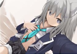 Rule 34 | 1girl, absurdres, animal ears, aqua necktie, black skirt, blue archive, blue coat, blue eyes, breasts, closed mouth, clothes lift, coat, collared shirt, disuto, fingernails, grey hair, highres, id card, lapels, lifted by self, looking at viewer, medium breasts, midriff, mismatched pupils, necktie, open clothes, open coat, pleated skirt, selfie, shiroko (blue archive), shirt, shirt lift, short hair, skirt, solo, underboob, wolf ears, wolf girl