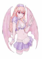 Rule 34 | 1girl, apron, breasts, choker, cleavage, crop top, demon girl, demon wings, frilled choker, frills, horns, long hair, looking at viewer, maid, maid apron, maid headdress, midriff, miniskirt, navel, original, peco (pockleberry), pink eyes, pink hair, pointy ears, puffy short sleeves, puffy sleeves, short sleeves, skirt, smile, solo, v, wavy hair, wings, wrist cuffs