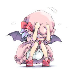 Rule 34 | 1girl, bat wings, bloomers, charisma guard, chibi, cowering, female focus, ham (points), hat, hiding, lowres, mob cap, pink hat, remilia scarlet, solo, squatting, touhou, underwear, white bloomers, wings