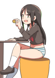 Rule 34 | 1girl, :d, bad id, bad pixiv id, black hair, blush, brown footwear, brown shirt, crossed legs, fang, food, highres, holding, holding food, loafers, long hair, long sleeves, neckerchief, no pants, open mouth, original, panties, red neckerchief, school uniform, serafuku, shirt, shoes, simple background, sitting, smile, socks, solo, striped clothes, striped panties, surio, table, underwear, very long hair, white background, white socks, yellow eyes