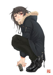 Rule 34 | 1girl, black footwear, black hair, black pants, boots, brown eyes, can, canned coffee, cigarette, drink can, english text, from side, full body, fur trim, highres, hood, hooded jacket, jacket, mouth hold, okiru, original, pants, simple background, solo, squatting, squinting, white background