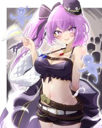 Rule 34 | 1girl, :d, amy (shadowverse), arm behind back, bare shoulders, belt, black coat, black shirt, black shorts, bow, breasts, cleavage, coat, cowboy shot, crop top, escape0110, flag, frills, front-tie top, hair bow, halterneck, halterneck, hand up, hat, highres, holding, jewelry, large breasts, long hair, looking at viewer, loose belt, micro shorts, midriff, mini hat, multiple belts, navel, necklace, off shoulder, open clothes, open coat, open mouth, peaked cap, purple eyes, purple hair, shadowverse, shirt, shorts, side ponytail, sleeveless, sleeveless shirt, smile, solo, spaghetti strap, stomach, tilted headwear, wide sleeves