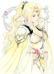Rule 34 | 1990s (style), 1girl, agahari, blonde hair, breasts, cape, circlet, cleavage, final fantasy, final fantasy iv, green eyes, large breasts, midriff, ponytail, rosa farrell, solo