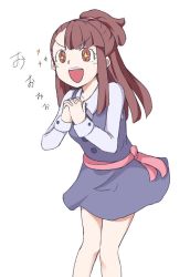 Rule 34 | &gt;:d, + +, 1girl, :d, blush, brown eyes, brown hair, collared shirt, commentary request, cowboy shot, dress, kagari atsuko, leaning forward, little witch academia, long hair, long sleeves, looking away, open mouth, orinpachu, own hands clasped, own hands together, pinafore dress, purple dress, round teeth, shirt, simple background, single sidelock, sleeve cuffs, sleeveless dress, smile, solo, sparkle, sparkling eyes, standing, tareme, teeth, topknot, upper teeth only, v-shaped eyebrows, white background, white shirt, wing collar