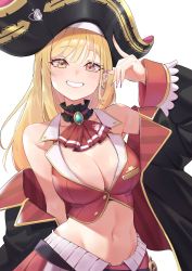 Rule 34 | 1girl, absurdres, arm behind back, ascot, bare shoulders, black coat, blonde hair, blush, breasts, chen yang yang, cleavage, coat, commentary request, cosplay, ear piercing, grin, hair ornament, hat, heterochromia, highres, hololive, houshou marine, houshou marine (1st costume), houshou marine (cosplay), jacket, kitagawa marin, large breasts, long hair, long sleeves, looking at viewer, nail polish, name connection, navel, off shoulder, open clothes, piercing, pink nails, pirate, pirate hat, red ascot, red eyes, red jacket, red skirt, simple background, skirt, sleeveless, sleeveless jacket, smile, solo, sono bisque doll wa koi wo suru, stomach, upper body, virtual youtuber, white background, yellow eyes