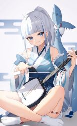 Rule 34 | 1girl, alternate hairstyle, blue eyes, blue hair, blunt bangs, closed mouth, commentary request, crossed legs, detached sleeves, dot nose, fins, fish tail, gawr gura, gawr gura (new year), highres, holding, holding instrument, hololive, hololive english, indian style, instrument, japanese clothes, kimono, legs, looking at viewer, medium hair, multicolored hair, no shoes, official alternate costume, ponytail, shamisen, shark girl, shark tail, simple background, sitting, smile, solo, streaked hair, tabi, tail, thomas 8000, virtual youtuber, white background, white hair, wide sleeves