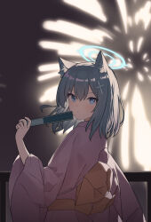 Rule 34 | 1girl, absurdres, alternate costume, animal ear fluff, animal ears, blue archive, blue eyes, blue halo, bright pupils, closed mouth, commentary request, cross hair ornament, fireworks, folding fan, from behind, grey hair, hair ornament, halo, hand fan, highres, holding, holding fan, japanese clothes, kimono, light blush, long sleeves, mismatched pupils, nagisa (cxcx5235), night, night sky, obi, pink kimono, sash, shiroko (blue archive), short hair, sky, upper body, white pupils, wide sleeves, wolf ears