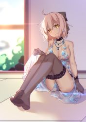 Rule 34 | 1girl, animal ears, arm at side, artoria pendragon (fate), artoria pendragon (lancer alter) (fate), artoria pendragon (lancer alter) (fate) (cosplay), artoria pendragon (lancer alter) (royal icing) (fate), artoria pendragon (lancer alter) (royal icing) (fate) (cosplay), babydoll, bare shoulders, black bow, black choker, black gloves, black panties, black thighhighs, blonde hair, blush, bow, breasts, choker, cleavage, closed mouth, cosplay, day, fate/grand order, fate (series), full body, gloves, hair bow, head tilt, highres, holding, indoors, jewelry, knees up, koha-ace, large breasts, lens flare, mo (pixiv9929995), necklace, official alternate costume, okita souji (fate), okita souji (koha-ace), on floor, panties, see-through, short hair, sitting, sliding doors, smile, solo, sunlight, tatami, thighhighs, underwear, underwear only, yellow eyes