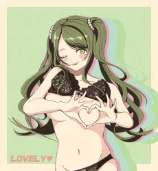 Rule 34 | 1girl, absurdres, artist request, bare shoulders, black bra, black panties, blush, bra, bra pull, breasts, clothes pull, collarbone, covering privates, covering breasts, d4dj, green background, green eyes, heart, heart-shaped boob challenge, heart hands, highres, lingerie, long hair, looking at viewer, medium breasts, navel, nipples, one eye closed, panties, shimizu esora, simple background, smile, solo, tagme, tongue, tongue out, twintails, underwear, wink