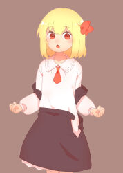 Rule 34 | 1girl, :&lt;, :o, ascot, black skirt, blonde hair, blush, bow, brown background, chestnut mouth, clenched hands, collarbone, collared shirt, cowboy shot, hair between eyes, hair bow, highres, light blush, long sleeves, looking at viewer, necktie, no pupils, nose blush, open clothes, open skirt, open vest, parted lips, petticoat, puffy long sleeves, puffy sleeves, red ascot, red bow, red eyes, red necktie, rumia, shamo (koumakantv), shiny skin, shirt, shirt tucked in, short hair, short necktie, simple background, skirt, skirt set, solo, standing, tongue, touhou, undressing, vest, unworn vest, white shirt, wing collar