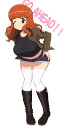 Rule 34 | 1girl, absurdres, alternate costume, black shirt, blue shorts, blush, breasts, brown eyes, collarbone, full body, girls und panzer, gogopaint, grin, hand on own hip, highres, large breasts, long hair, looking at viewer, midriff, military, military uniform, one eye closed, orange hair, saunders military uniform, shiny skin, shirt, short shorts, shorts, simple background, smile, solo, takebe saori, text background, thighhighs, uniform, white background, white thighhighs