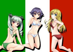 Rule 34 | 10s, 3girls, anchovy (girls und panzer), ass, black hair, blonde hair, blue eyes, blush, bra, breasts, brown eyes, carpaccio (girls und panzer), drill hair, girls und panzer, green bra, green hair, green panties, groin, highres, large breasts, multiple girls, navel, panties, pepperoni (girls und panzer), red bra, red eyes, red panties, underwear, white bra, white panties