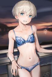 Rule 34 | 1girl, bad tag, blue bra, blue eyes, blue panties, blurry, bow, bow bra, bow panties, bra, breasts, cowboy shot, depth of field, hair between eyes, highres, kabayaki namazu, kantai collection, landscape, navel, outdoors, panties, parted lips, petite, railing, short hair, silver hair, small breasts, solo, sunset, underwear, underwear only, z1 leberecht maass (kancolle)