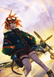 Rule 34 | 1girl, :d, aircraft, airplane, akai kagerou, belt, blue eyes, blush, bomber jacket, boots, brown footwear, brown shorts, chloe williams, cross-laced footwear, dutch angle, formation girls, goggles, goggles on head, green jacket, hands in pockets, highres, jacket, lace-up boots, looking at viewer, open mouth, orange hair, shorts, smile, solo, thighhighs, white thighhighs