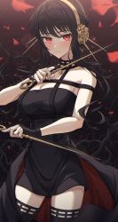 Rule 34 | 1girl, artificial flower, bare hips, black dress, black gloves, blush, breasts, cleavage, collarbone, cowboy shot, dress, dual wielding, earrings, fingerless gloves, floral print, flower, gloves, gradient background, hair flower, hair ornament, hairband, highres, holding, holding weapon, jewelry, large breasts, long hair, looking at viewer, parted lips, red background, red eyes, rose print, short hair with long locks, sidelocks, sleeveless, sleeveless dress, smile, solo, spy x family, thighhighs, two-sided dress, two-sided fabric, waist cape, weapon, yellow hairband, yor briar, yozora (1wkdgusdn), zettai ryouiki