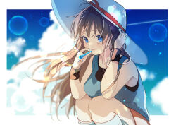 Rule 34 | 1girl, black wristband, blue eyes, blurry, breasts, brown hair, bubble, closed mouth, cloud, commentary request, creatures (company), day, eyelashes, floating hair, game freak, green (pokemon), hands up, hat, holding, kneehighs, large breasts, long hair, marutoko45, medium breasts, nintendo, outdoors, pokemon, pokemon adventures, shirt, skirt, sky, sleeveless, sleeveless shirt, smile, socks, solo, squatting, white hat
