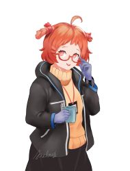 Rule 34 | 1girl, ahoge, arknights, axeloust, bad id, bad pixiv id, beagle (arknights), commentary, english commentary, glasses, gloves, hair ribbon, highres, id card, jacket, orange hair, ribbon, short hair, solo, white background
