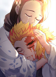 Rule 34 | 1boy, 1girl, absurdres, blonde hair, blood, blood from mouth, blood on face, brown hair, bug, butterfly, crying, demon slayer uniform, closed eyes, forked eyebrows, highres, hug, insect, japanese clothes, kimetsu no yaiba, kimono, long hair, mother and son, multicolored hair, red hair, rengoku kyoujurou, rengoku ruka, smile, streaming tears, sunlight, tears, transparent butterfly, two-tone hair, upper body, white background, xiaokaxiaok