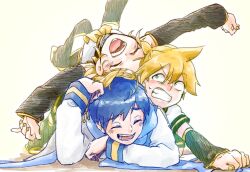 Rule 34 | 1girl, 2boys, ^ ^, angry, annoyed, aqua eyes, black shorts, black sleeves, blonde hair, blue scarf, blue wrist cuffs, bow, brother and sister, clenched teeth, closed eyes, detached sleeves, hair bow, hair ornament, hairclip, happy, kagamine len, kagamine rin, kaito (vocaloid), laughing, leg warmers, long sleeves, lying, multiple boys, neckerchief, on back, on person, on stomach, open mouth, sailor collar, sailor shirt, sano (prsk kaito), scarf, shirt, short hair, short sleeves, shorts, siblings, sleeveless, sleeveless shirt, smile, teeth, twins, vocaloid, white shirt, wrist cuffs, yellow background, yellow nails, yellow neckerchief