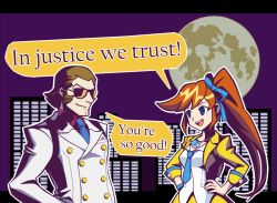 Rule 34 | 1boy, 1girl, :d, ace attorney, athena cykes, blue eyes, blue necktie, bobby fulbright, brown hair, building, capcom, character request, cityscape, company connection, creator connection, cropped jacket, crossover, english text, engrish text, eye contact, flipped hair, formal, full moon, ghost trick, gloves, hair between eyes, hair ribbon, hand on own hip, hands on own hips, jacket, jewelry, long hair, looking at another, moon, necklace, necktie, night, no pupils, open mouth, orange hair, parody, pendant, phoenix wright: ace attorney - dual destinies, pu (artist), ranguage, ribbon, shirt, side ponytail, sideburns, single glove, skyscraper, smile, smiley face, speech bubble, striped clothes, striped shirt, style parody, suit, sunglasses, swept bangs, teeth, text focus