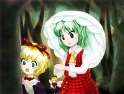Rule 34 | 2girls, ascot, blonde hair, blue eyes, bow, bow choker, choker, collared shirt, forest, frilled ascot, frills, grass, green hair, hair ribbon, holding, holding umbrella, kazami yuuka, light rays, long sleeves, lowres, medicine melancholy, medinki, multiple girls, nature, official style, open clothes, open mouth, open vest, outdoors, over shoulder, parasol, plaid, plaid skirt, plaid vest, red bow, red choker, red eyes, red ribbon, red skirt, red vest, ribbon, shirt, short hair, skirt, su-san, teeth, touhou, tree, umbrella, umbrella over shoulder, upper teeth only, vest, white shirt, white umbrella, yellow ascot, zun (style)