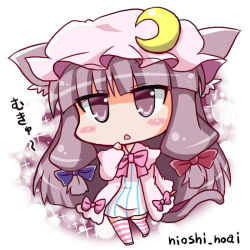 Rule 34 | 1girl, animal ears, artist name, bad id, bad pixiv id, blush stickers, bow, cat ears, cat tail, catchouli (hazuki ruu), chibi, crescent, dress, hair bow, hair ornament, hair ribbon, hat, kemonomimi mode, long hair, mob cap, mukyuu, noai nioshi, panties, patchouli knowledge, patterned legwear, purple eyes, purple hair, ribbon, solo, sparkle, striped clothes, striped dress, striped panties, striped thighhighs, sunken cheeks, tail, thighhighs, touhou, translation request, triangle mouth, two-tone stripes, underwear, vertical stripes